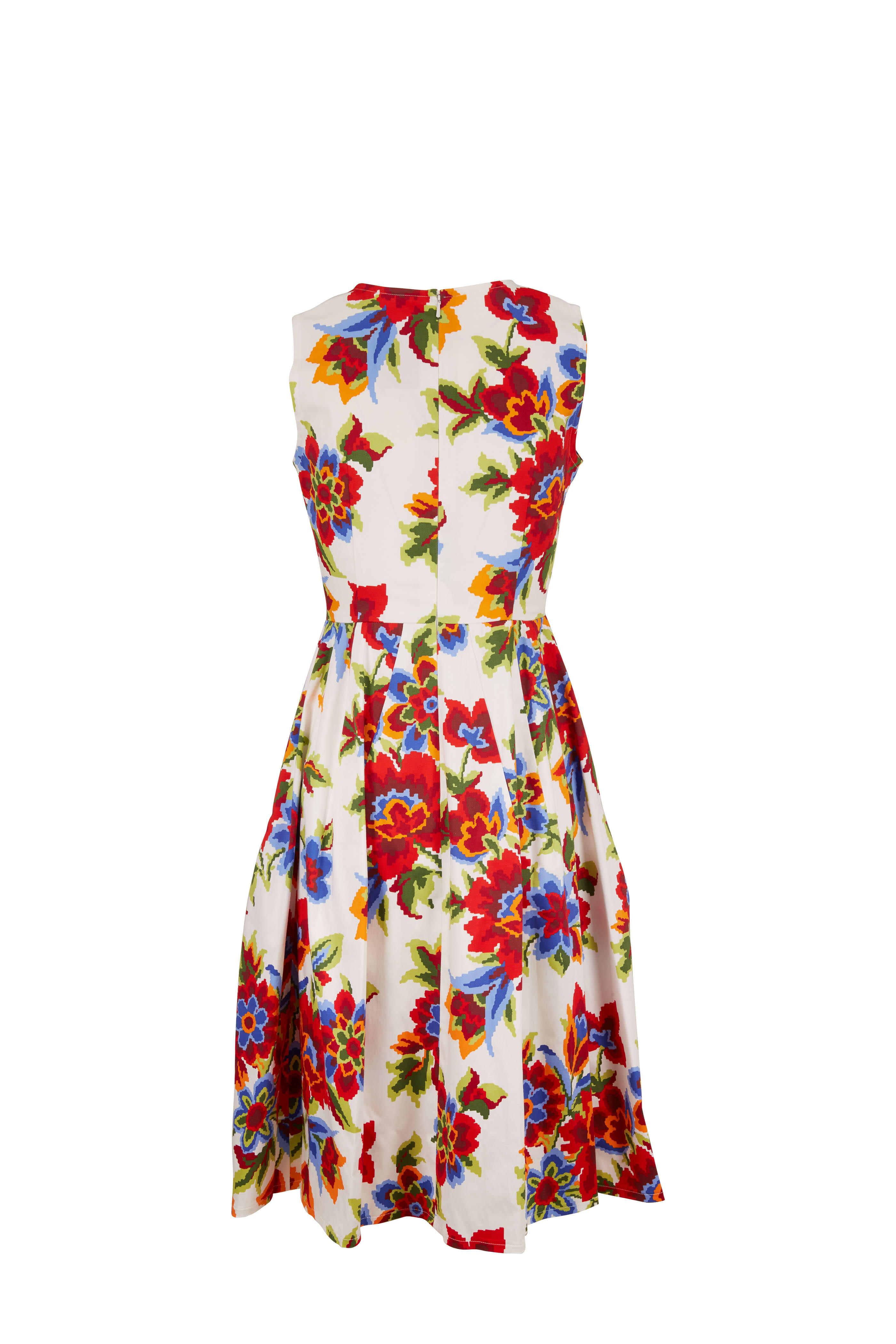 Carolina Herrera - White Multi Cotton Floral Print Sleeveless Dress