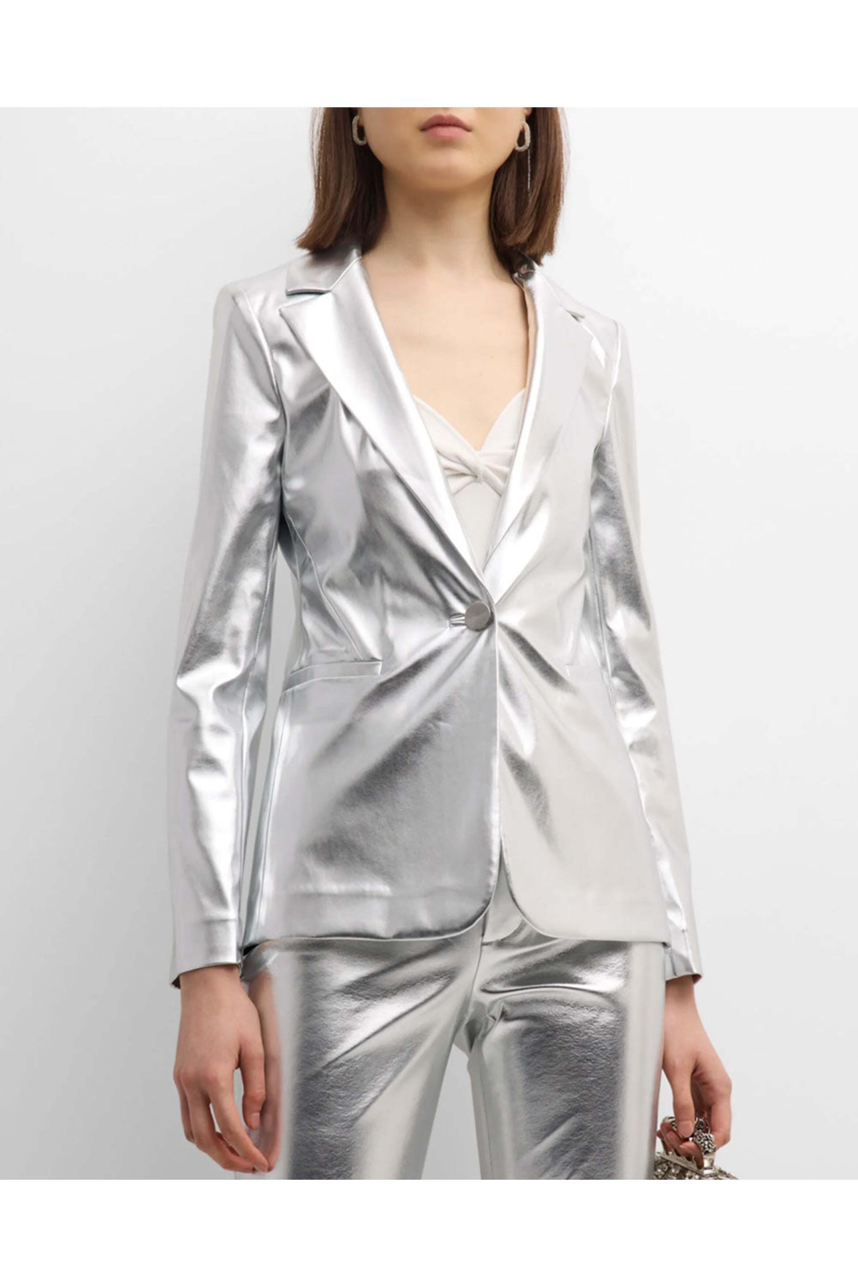 Alice & Olivia - Silver Macey Metallic Vegan Leather Blazer