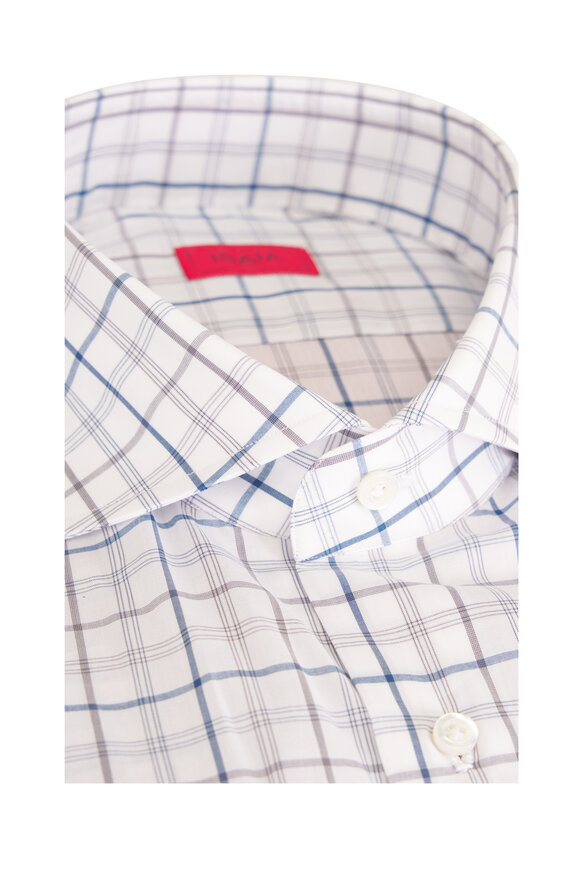 Isaia White & Blue Check Cotton Dress Shirt - view 3