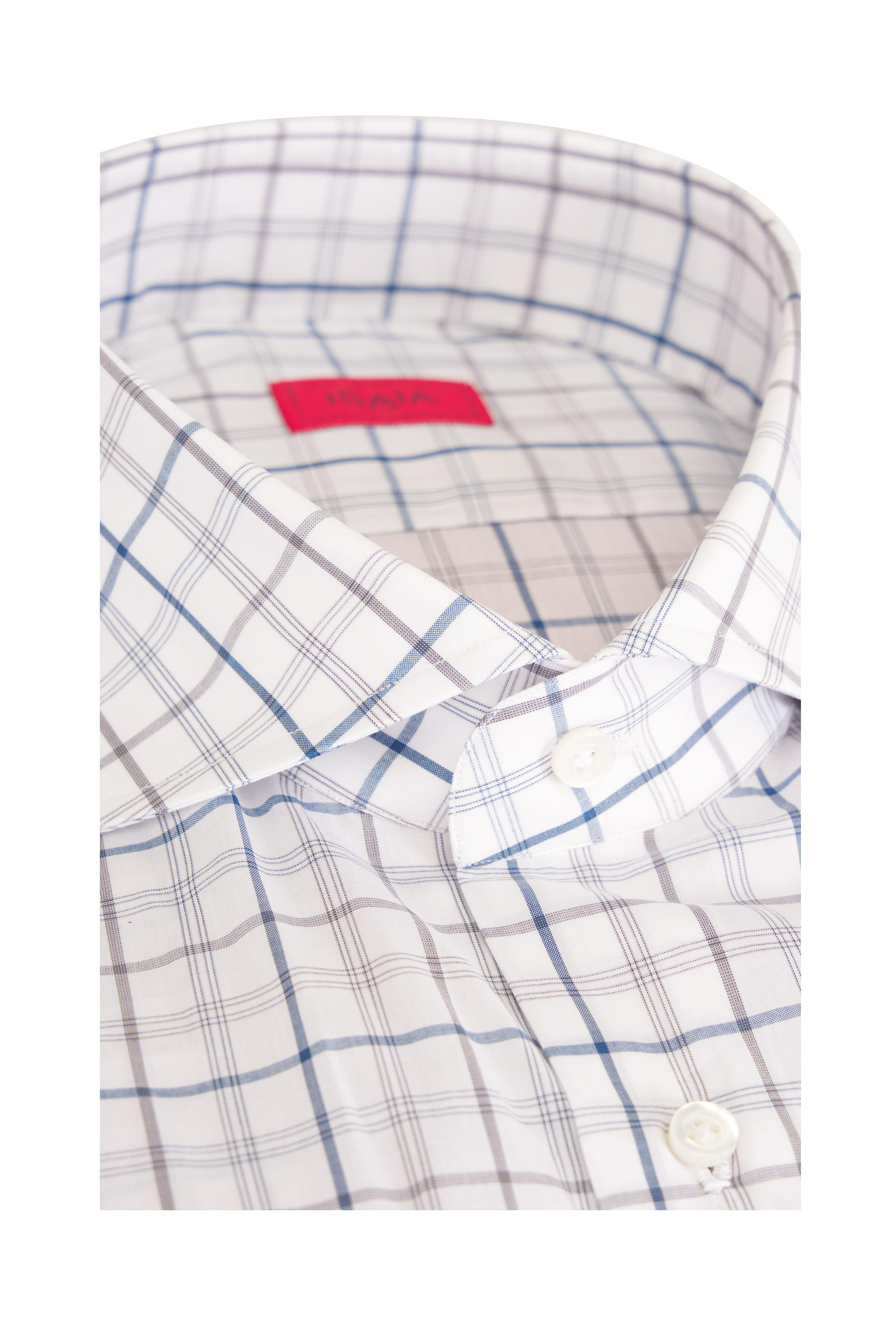 Isaia - White & Blue Check Cotton Dress Shirt - view 4