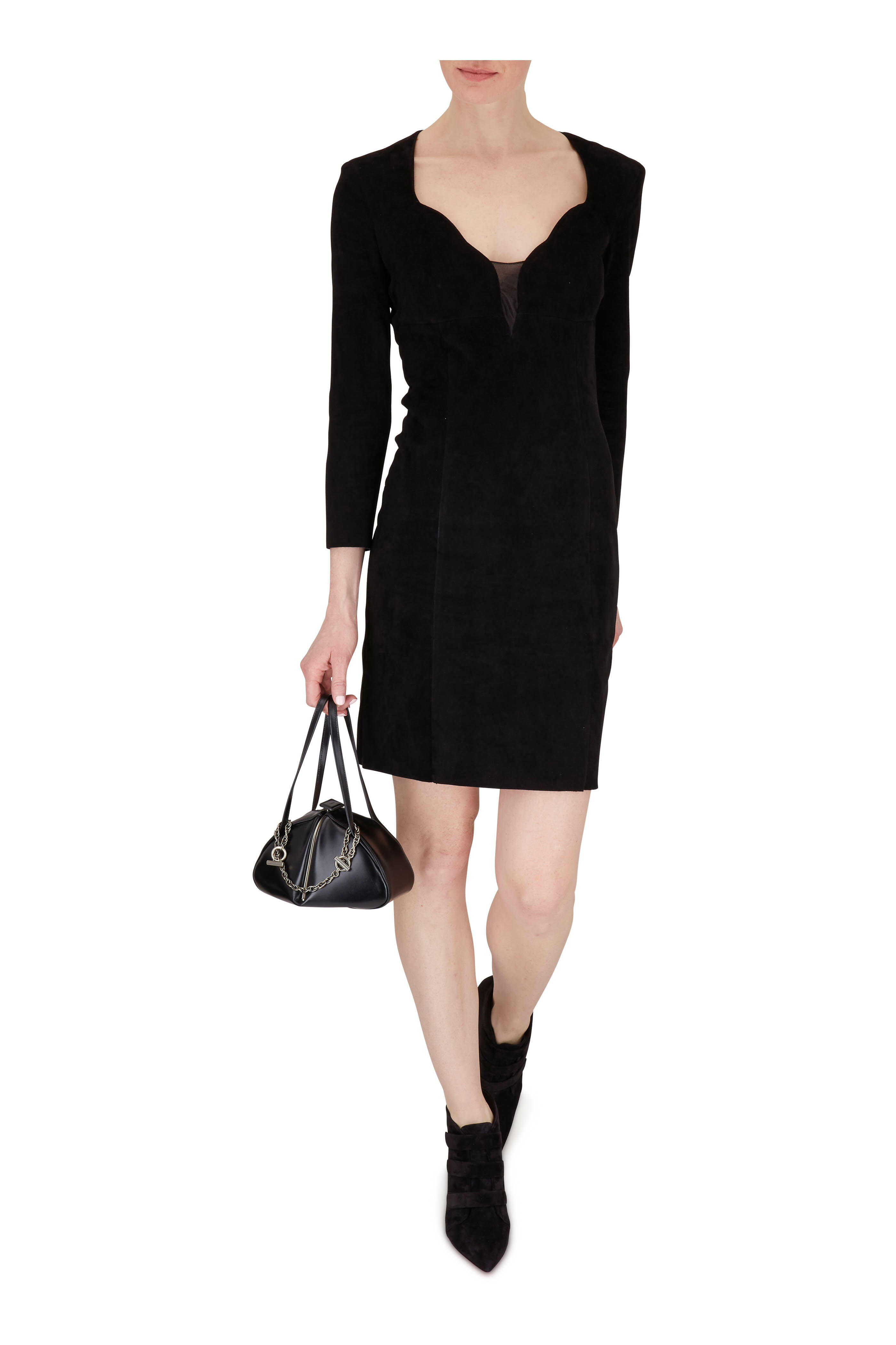chinese dress ladies THE MYSTYLEMODE BLACK LONG SLEEVE DOUBLE LINED SUEDE DRESS