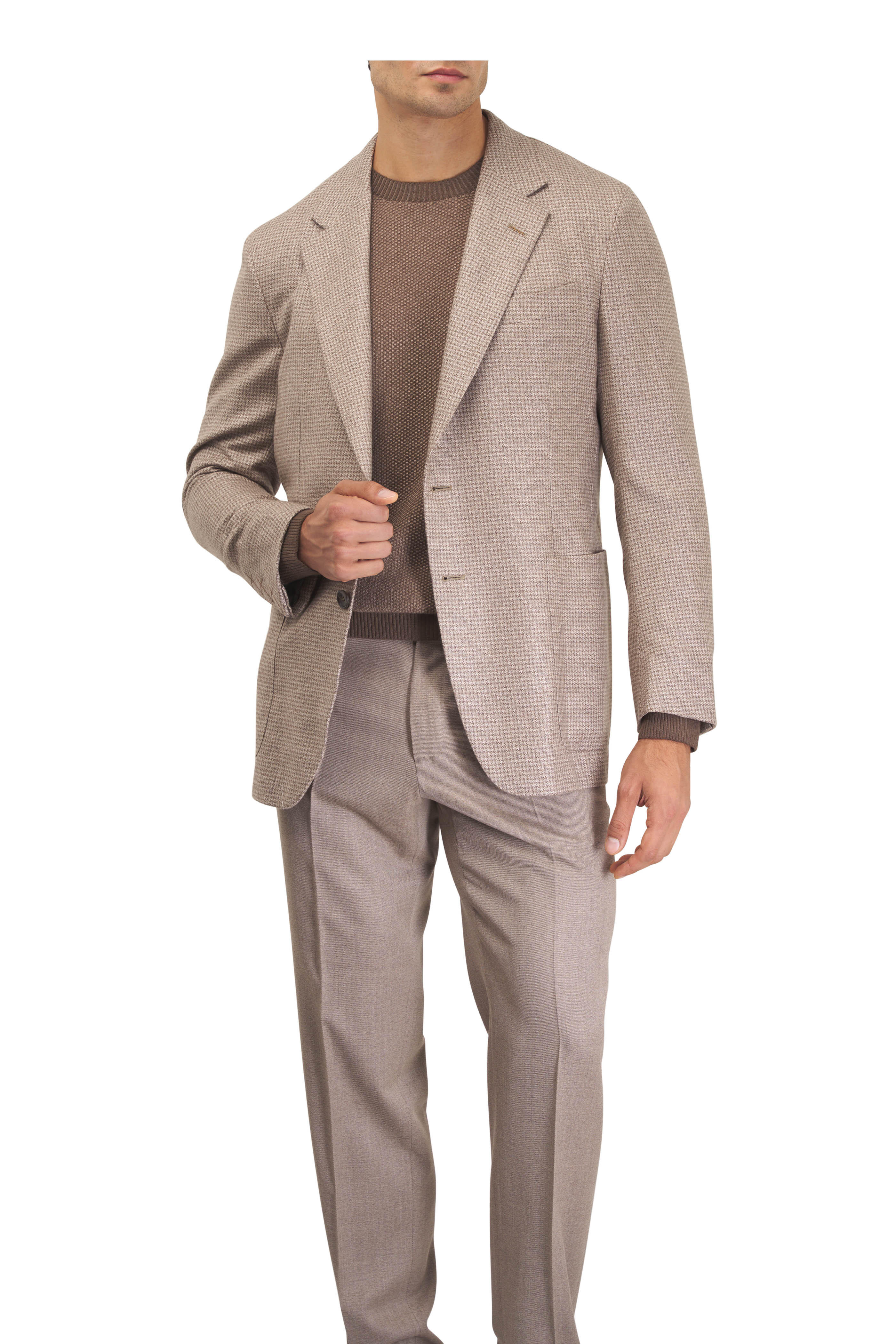 Zegna - Beige Cotton & Cashmere Houndstooth Sportcoat