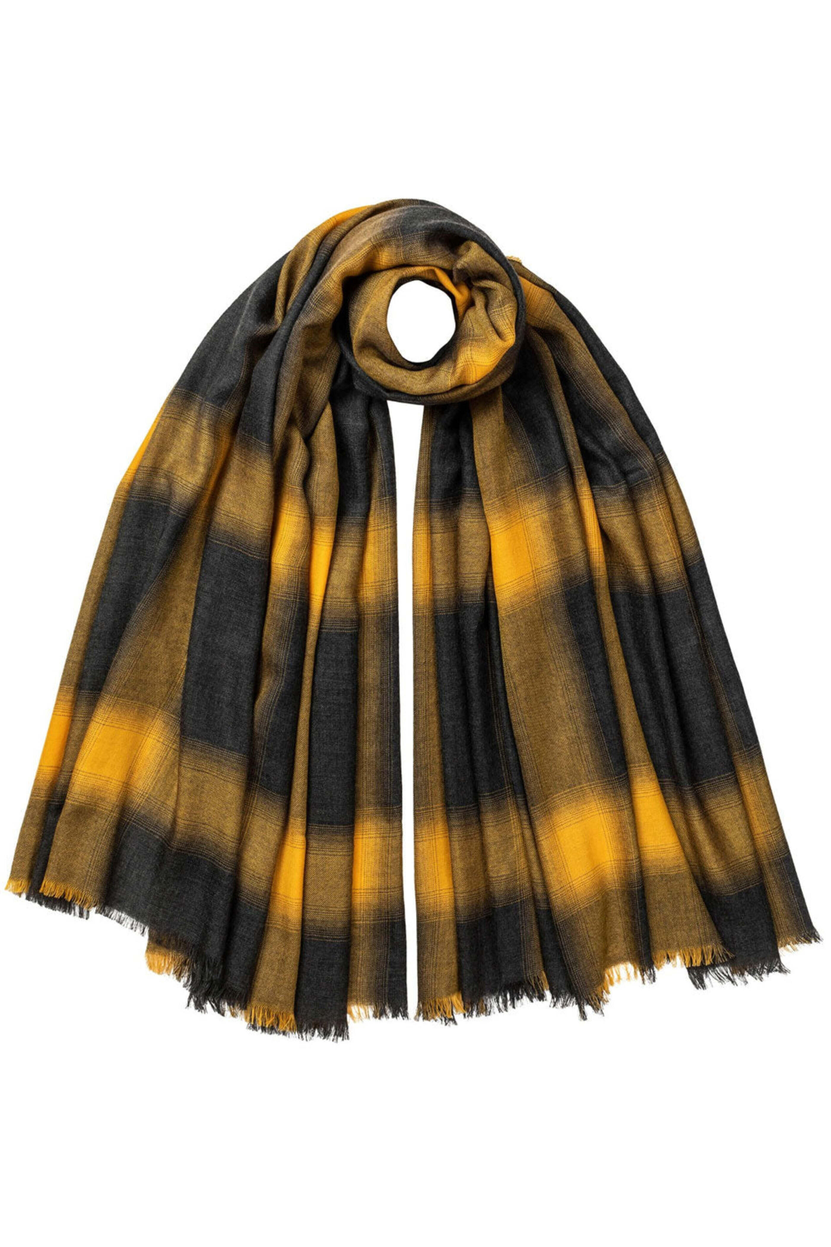 Johnstons Of Elgin - Cashmere Diffused Check Scarf in Ochre