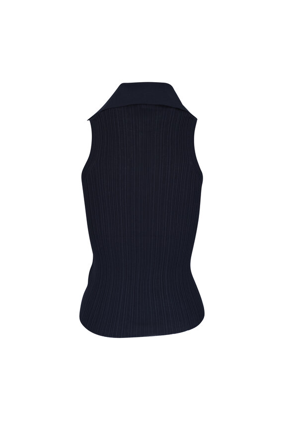 Agnona Navy Cotton & Silk Sleeveless Micro Plisse Polo - view 2