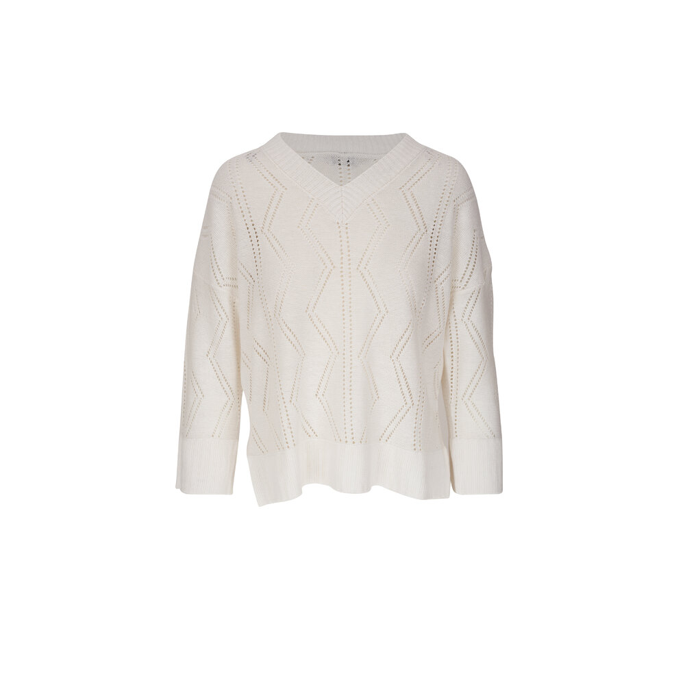 Kinross - White Openwork Linen V-Neck Sweater | Mitchell Stores