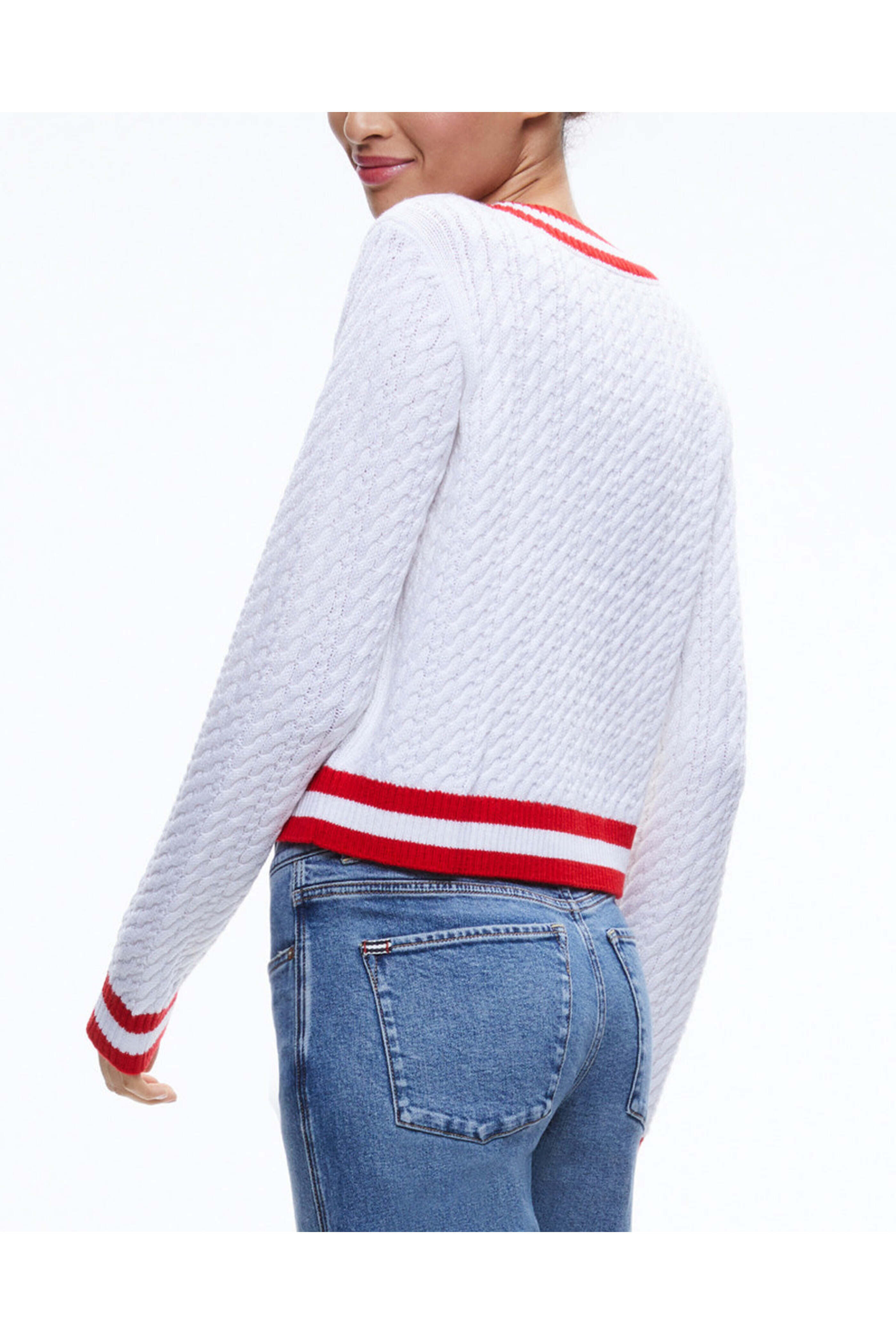 Alice & Olivia - White and Ruby Marika Cable Knit Sweater