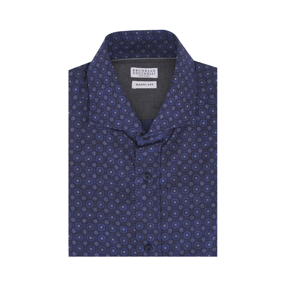 【BRUNELLO CUCINELLI】コットン 青 イタリア ペイズリーシャツ Brunello Cucinelli - Blue Paisley Cotton Sport Shirt