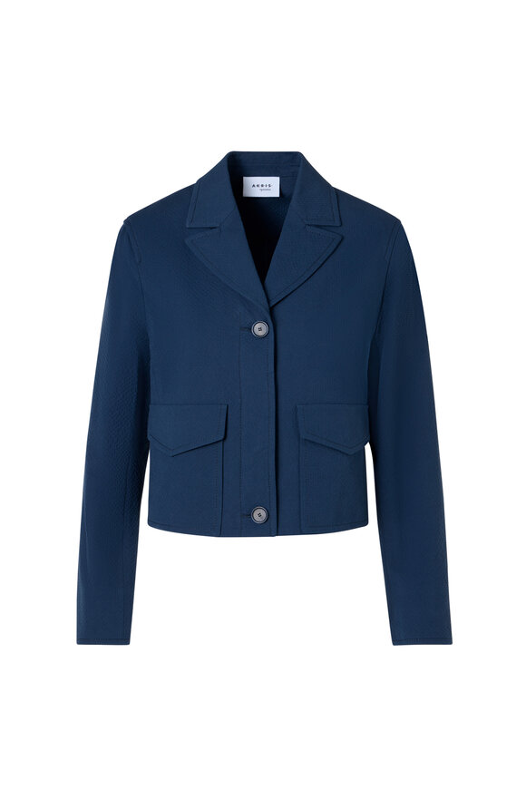 Akris Punto Dark Blue Seersucker Lapel Straight Jacket