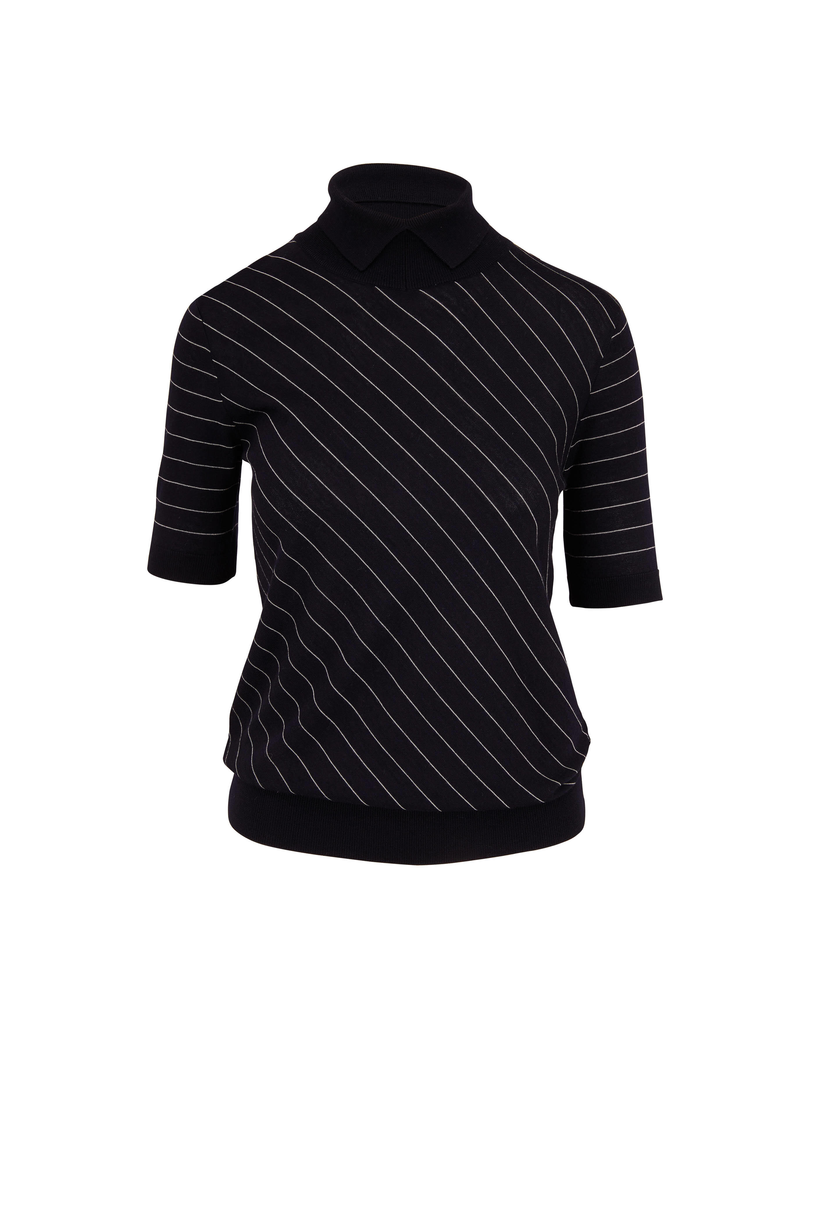 Giorgio Armani - Navy Wool Diagonal Stripe Short Sleeve Sweater