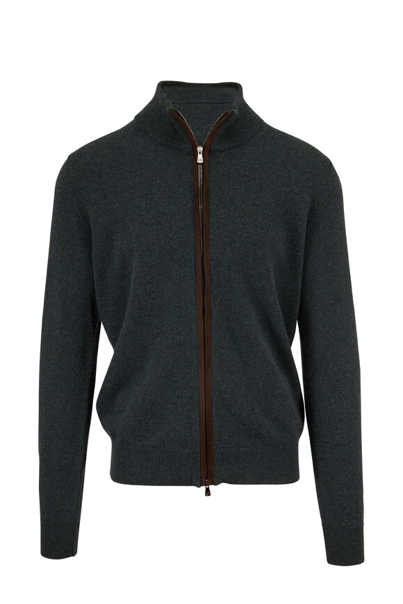 Isaia - Green Cashmere Front Zip Cardigan