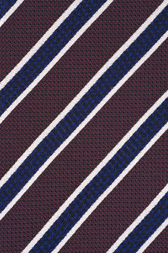 Zegna Burgundy & Navy Stripe Silk Necktie - view 2
