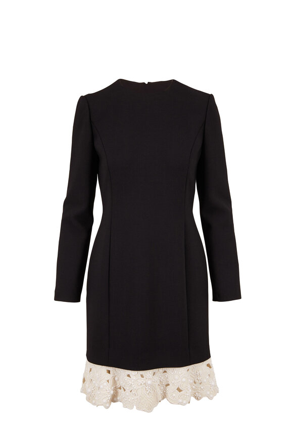 Valentino - Black Crepe Beaded Lace Hem Long Sleeve Dress 