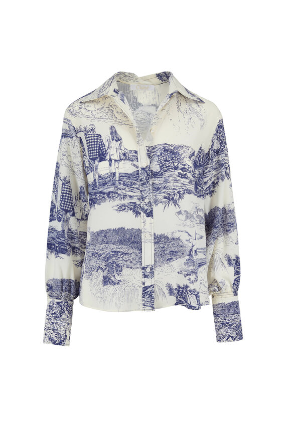 Chloé - White & Blue Silk Toile Print Blouse