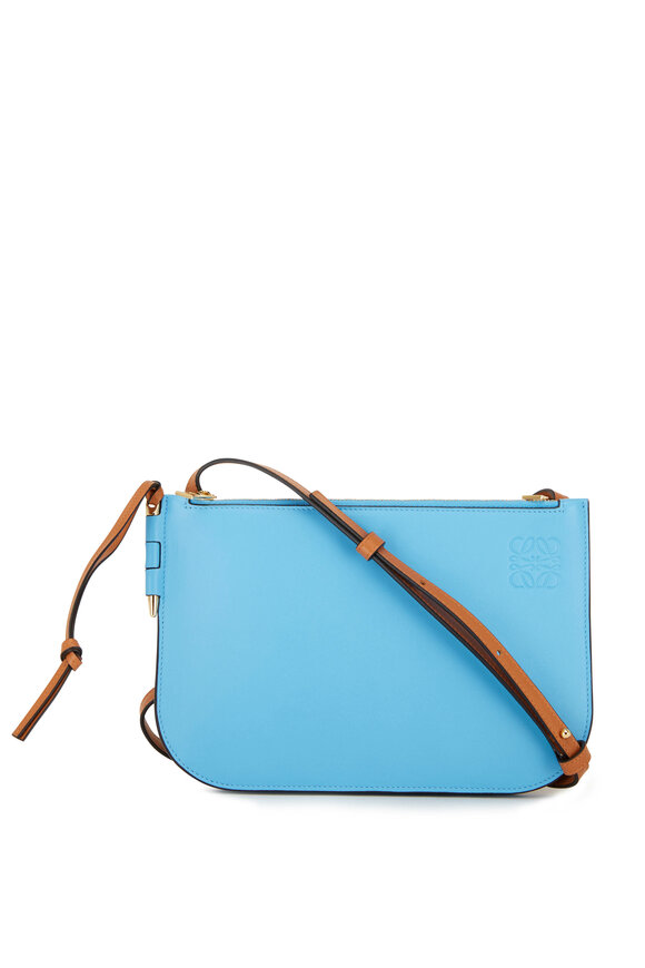 Gate Double Zip Tan Blue Leather Pouch Crossbody