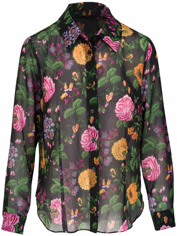 Carolina Herrera - Black Multi Floral Print Silk Blouse 