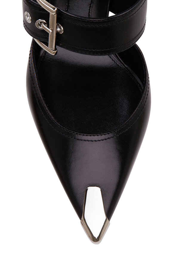 McQueen - Black Leather & Silver Pointed Buckle Mule