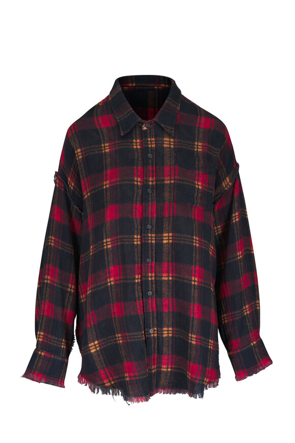 R13 Red Plaid & Leaf Camo Reversible Drop Neck Shirt
