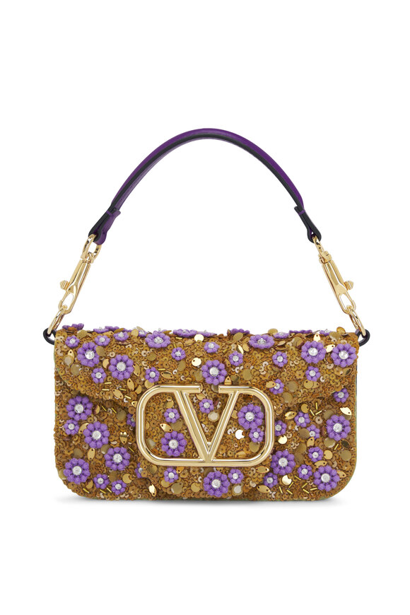 Valentino Garavani Small Loco Purple Flower Embellished Leather Bag 