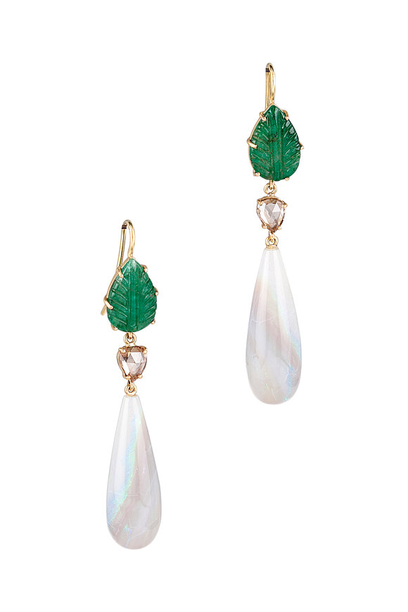Sylva & Cie - Gold Emerald & Champagne Diamond Drop Earrings