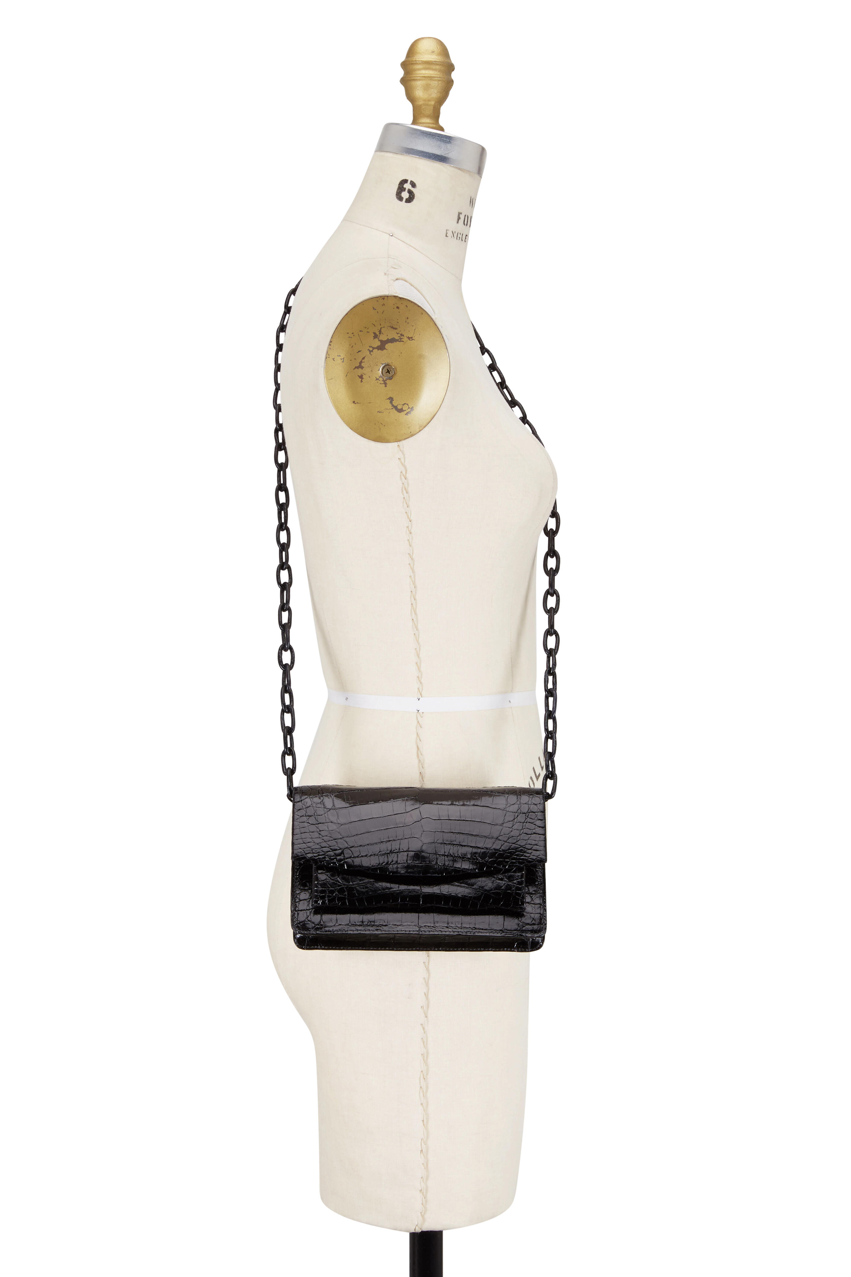 Nancy Gonzalez - Black Glossy Crocodile Chain Small Bag