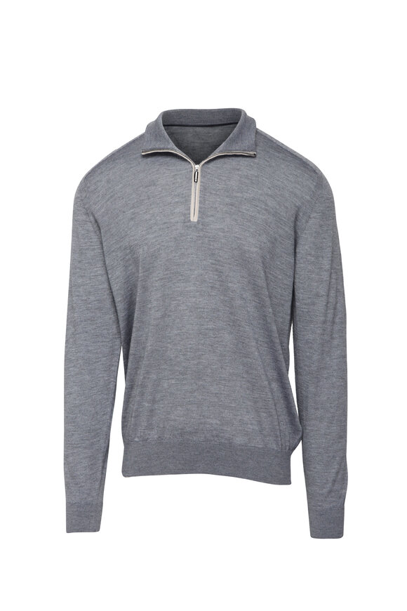 Cesare Attolini Grey & Cream Quarter Zip Sweater