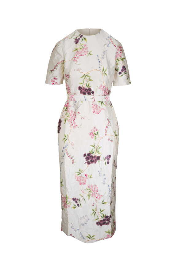 Erdem Floral Print Textured Satin Pencil Midi Dress
