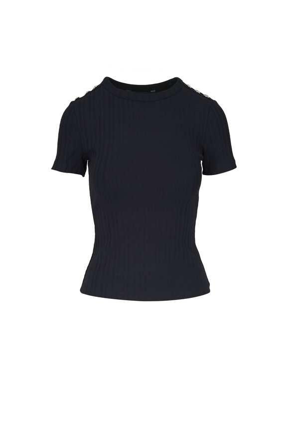 Veronica Beard Draya Black Rhinestone Shoulder Button T-Shirt