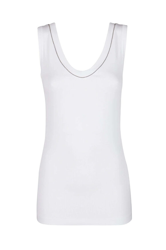 Brunello Cucinelli - White Cotton Monili V-Neck Long Sleeve Top