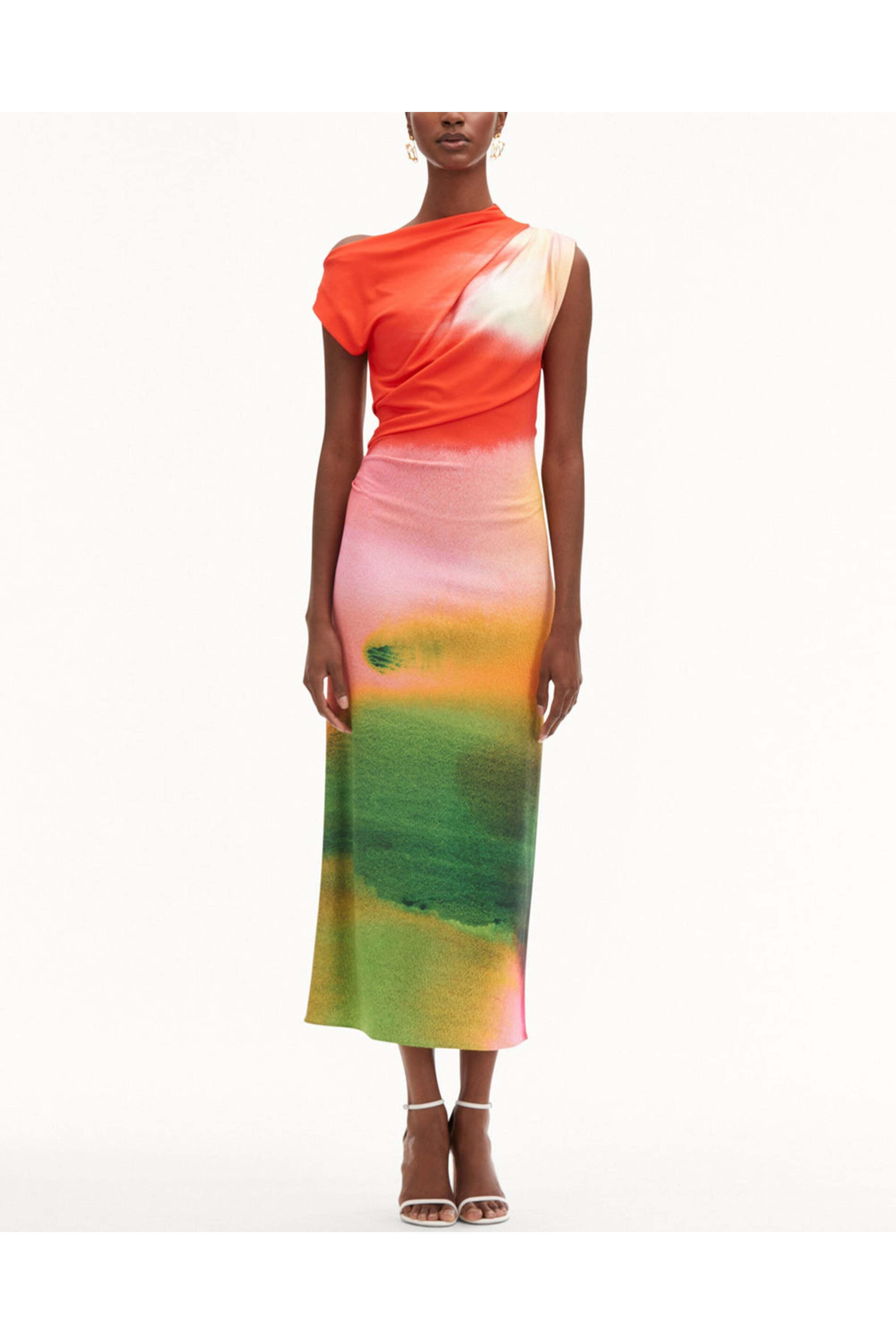 Oscar de la Renta - Vermillion Abstract Watercolor Draped Jersey Dress