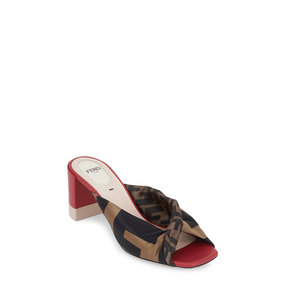 【FENDI】フィーロ ハイヒール サボ Fendi - Sabot Logo Satin & Red Leather Slide, 65mm
