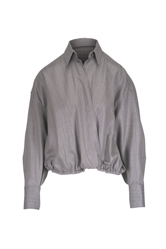Brunello Cucinelli Lightweight Grey Lurex Pinstripe Wrap Blouse
