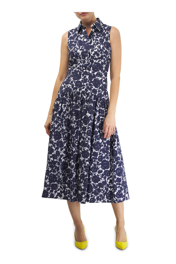 Michael Kors Collection - Blue & White Floral Drop Waist Shirt Dress