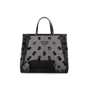 【関税送料込】Prada Polka Dot Mesh & Leather Tote ブラック Prada - Black Sequin Polka Dot Mesh Tote | Mitchell Stores