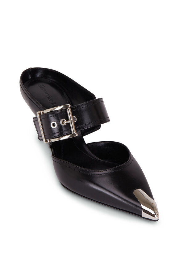 McQueen - Black Leather & Silver Pointed Buckle Mule