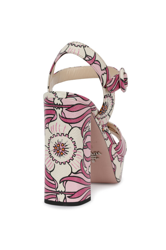 Prada - Pink Floral Print Leather Platform Sandal, 115mm