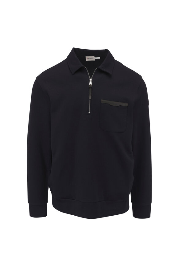 Moncler Navy Leather Logo Jersey Quarter-Zip Pullover