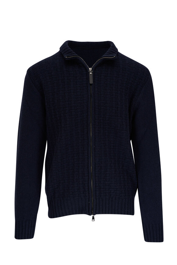 Canali - Navy Blue Knit Full Zip Sweater 