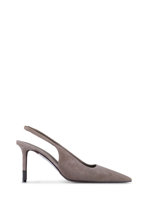 Brunello Cucinelli Light Gray Suede Slingback Heel, 80mm - view 3