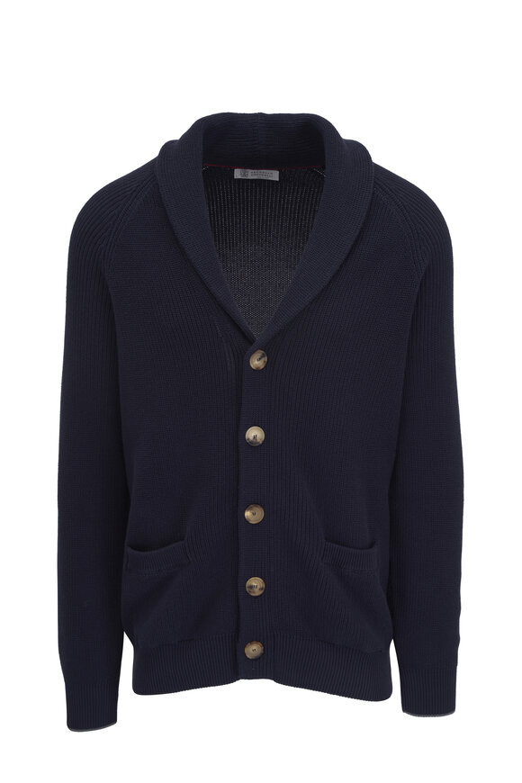 Brunello Cucinelli Navy Cotton Ribbed Cardigan 