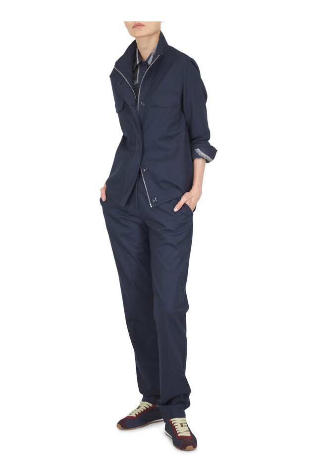 Designer outfit featuring Plume Blue & Dark Red Nylon Sneaker, Artemide Blue Print Stretch Silk Blouse and 2 other pieces