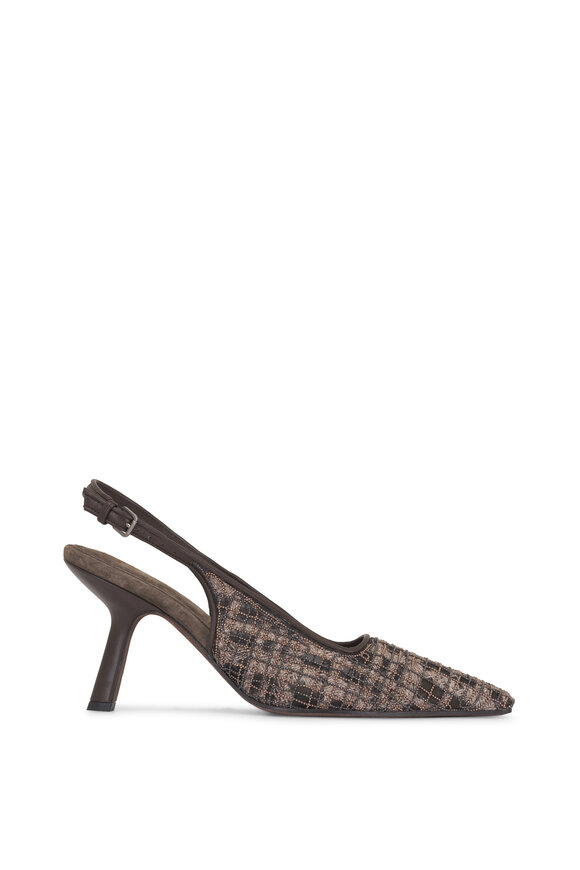 Brunello Cucinelli Embellished Brown Plaid Monili Slingback, 55mm - view 2