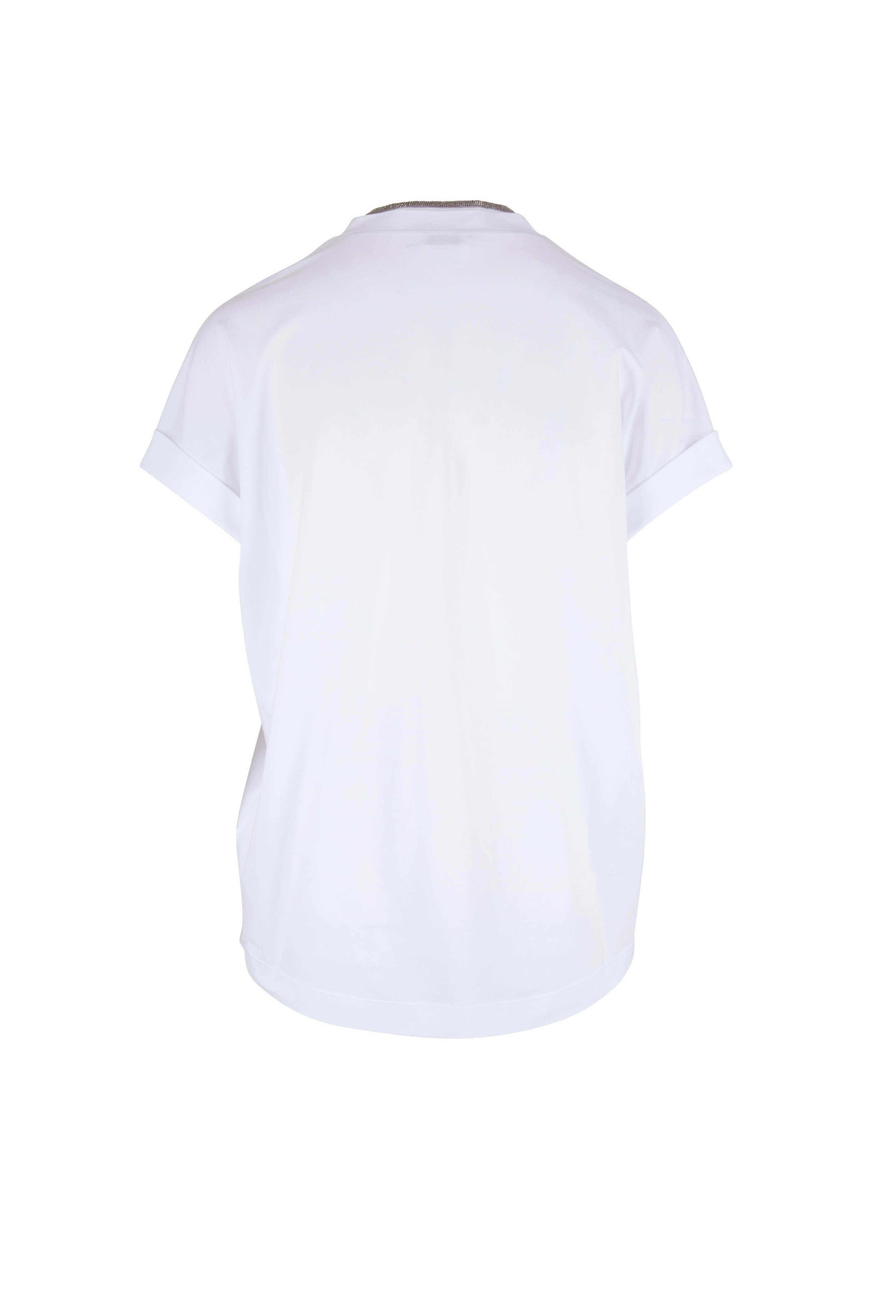 Brunello Cucinelli - White Monili Trim V-Neck T-Shirt