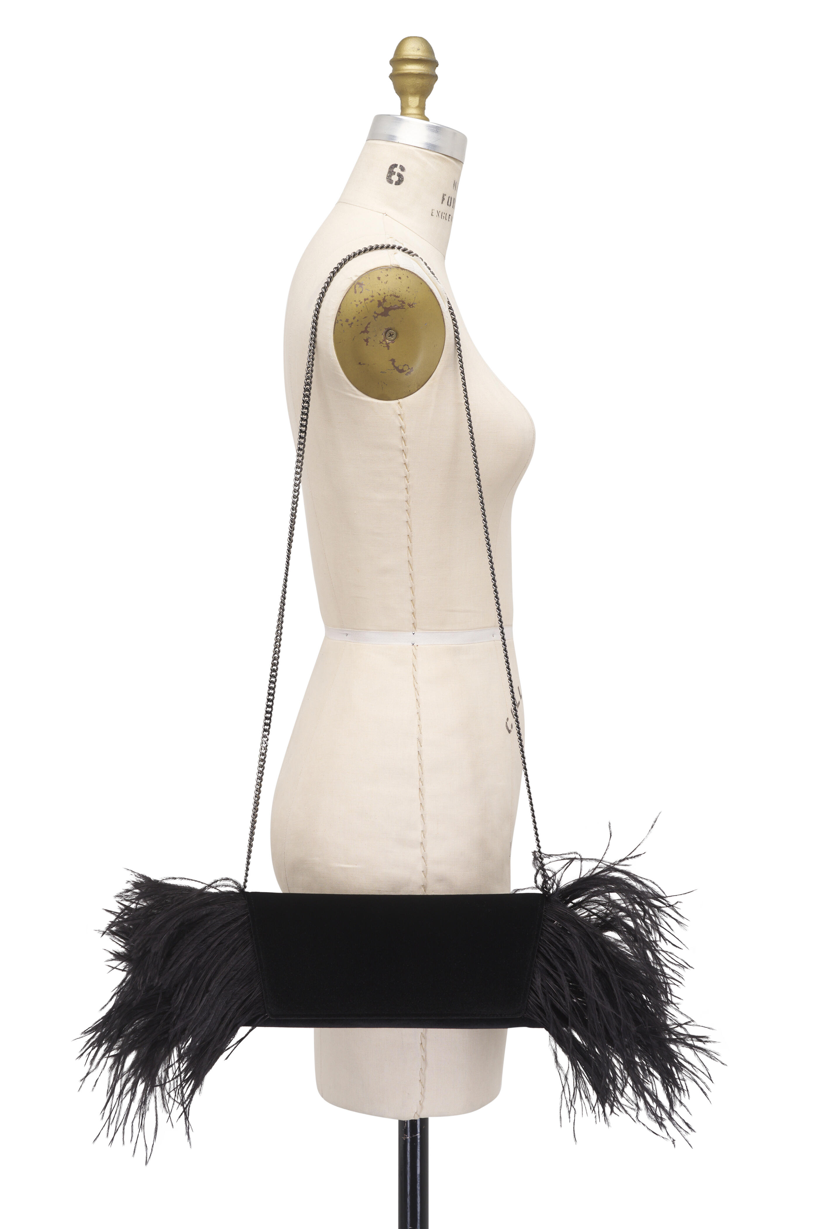 Akris - Anouk Black Feather Trim Trapezoid Chain Clutch