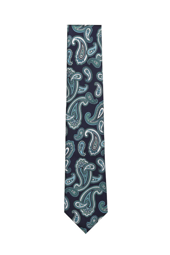 Brioni Midnight Blue & Olive Paisley Silk Necktie