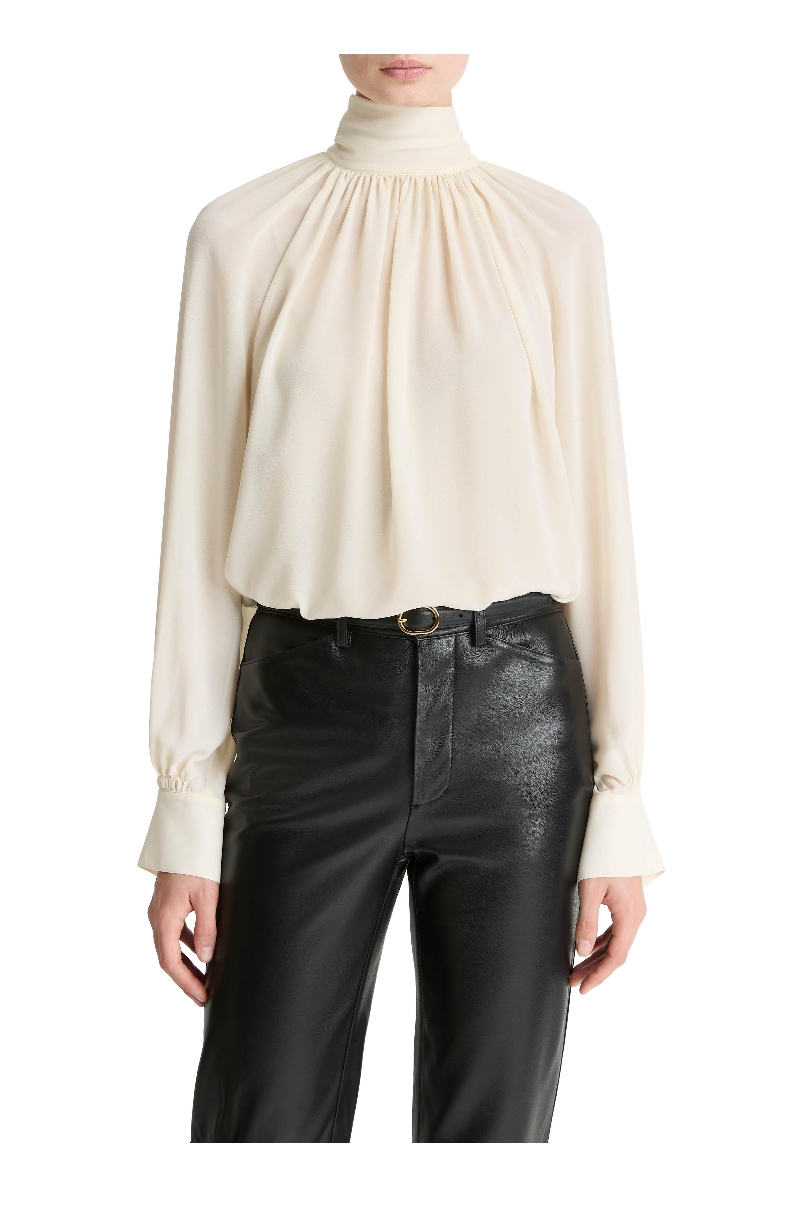 Vince - Cream Gathered Draped Neck Crepe Blouse