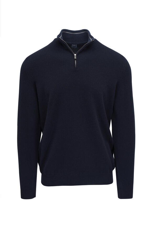 Fedeli Blue Cashmere Quarter Zip Pullover