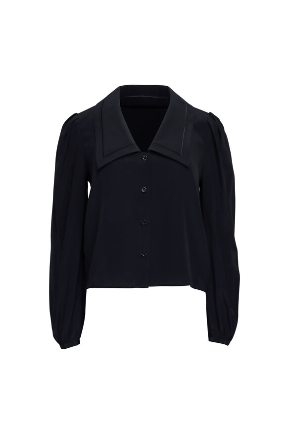 Vince - Dark Caspian Blue Silk V-Neck Bias Blouse