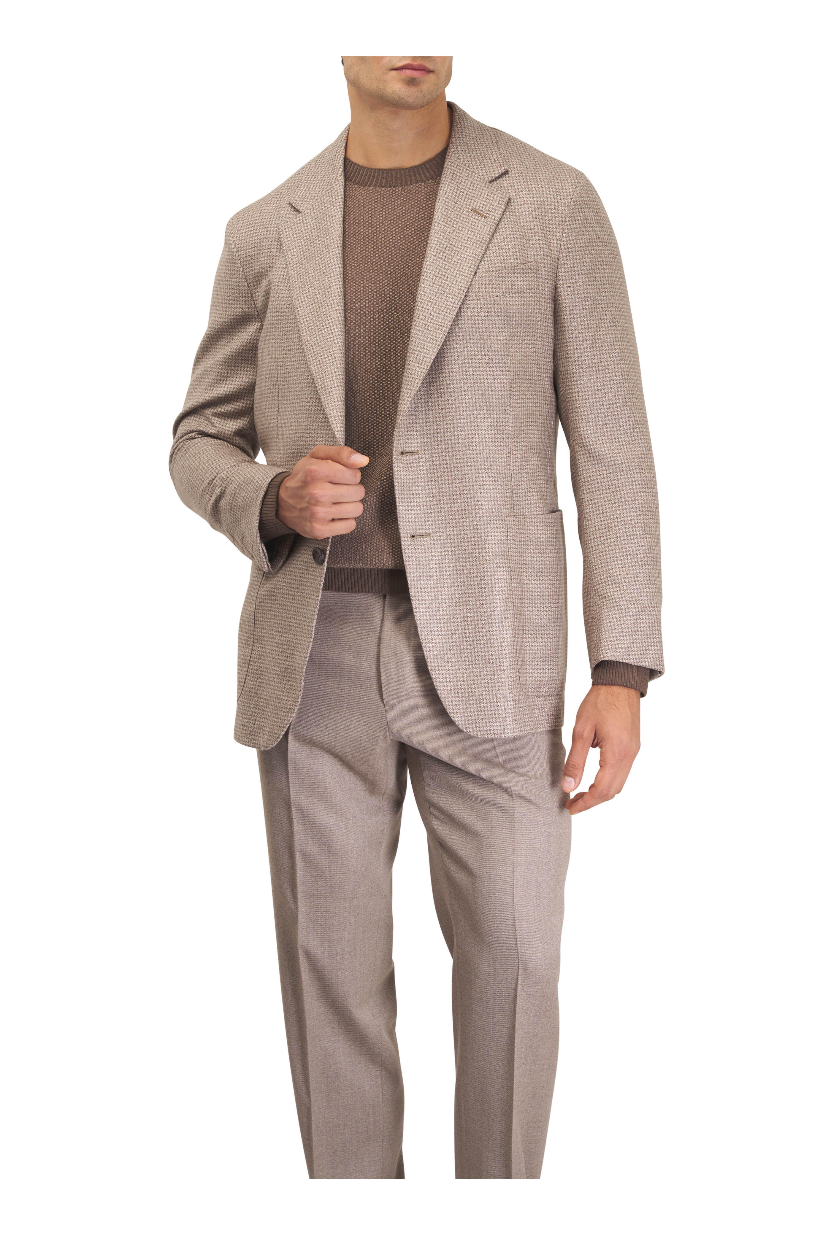 Zegna - Beige Cotton & Cashmere Houndstooth Sportcoat