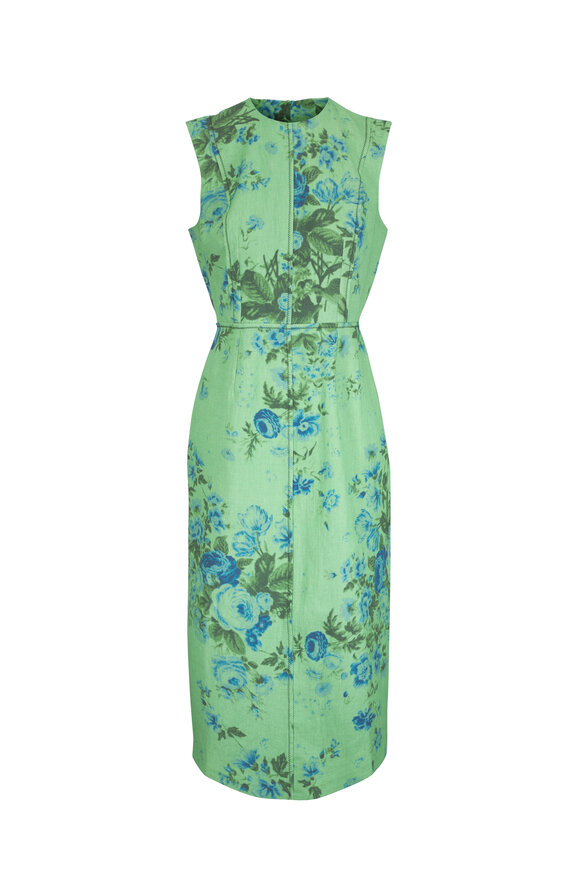 Erdem Rose Bouquet Sea Green Floral Linen Midi Dress