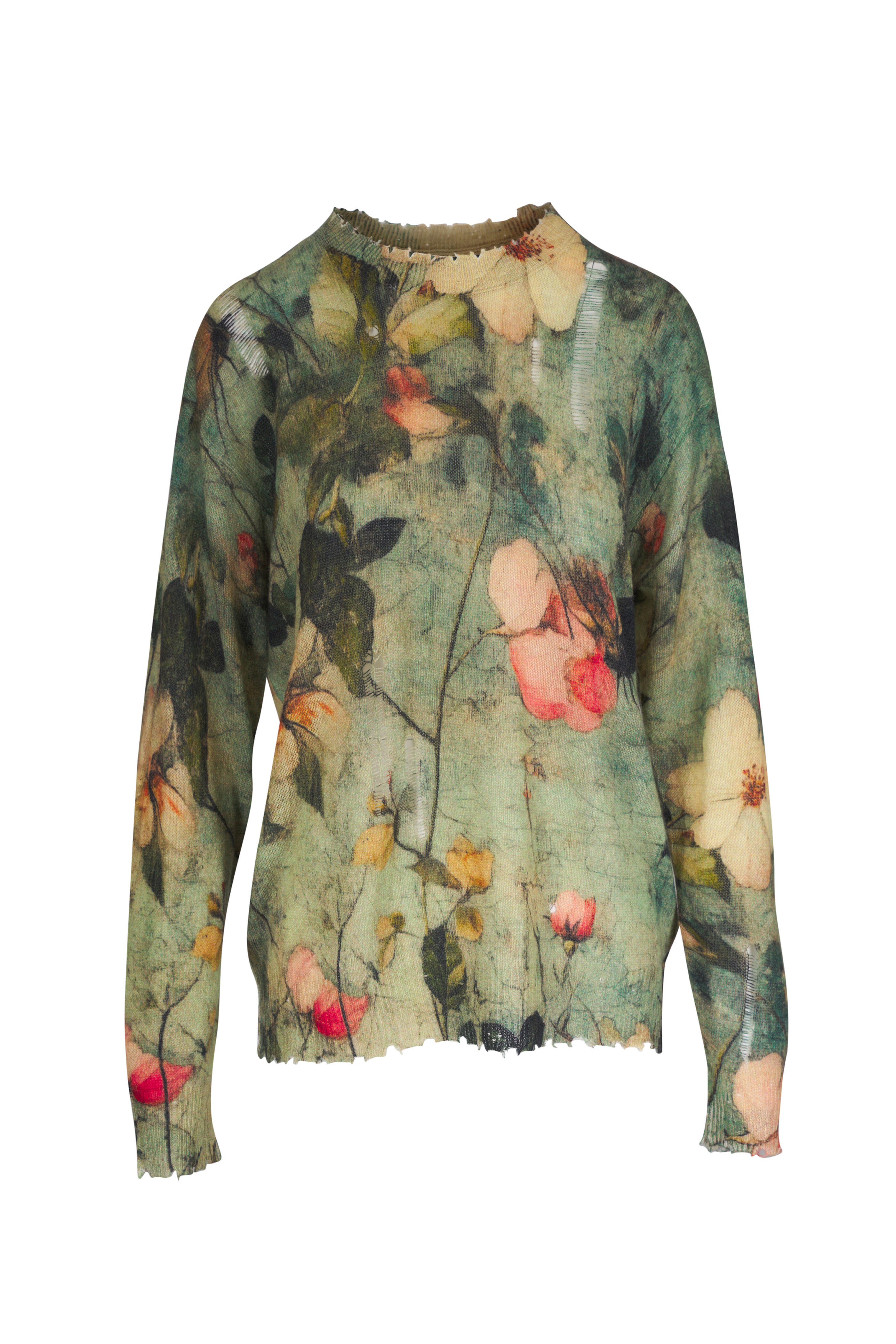 R13 - Floral Print Cashmere Distressed Boyfriend Sweater